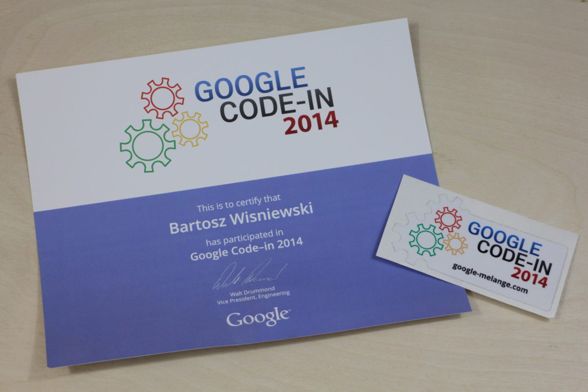 Zdjęcie naklejki i listu Google Code-In 2014